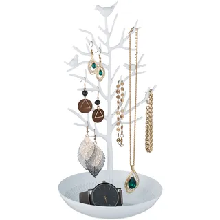 Relaxdays Schmuckständer Baum, Schmuckaufbewahrung Ketten, Ohrringe & Armbänder, HxBxT 30x16x15 cm, Schmuckbaum, weiß