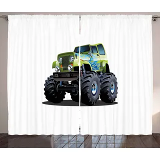 ABAKUHAUS LKW Rustikaler Gardine, Monster Truck Off Road, Schlafzimmer Kräuselband Vorhang mit Schlaufen und Haken, 280 x 260 cm, Apfelgrün Dunkle Taupe Himmelblau