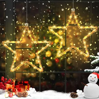 2 Stück Weihnachtsbeleuchtung Fenster, 30 LED Fensterbeleuchtung Weihnachten Batteriebetrieben mit Timer Schnur Umwickelt Leuchtsrentier Weihnachten, Sterne Deko für Innen Außen Party Hochzeit