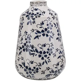 BELIANI Blumenvase Weiß Steinzeug Handgefertigt 25 cm mit Blauem Blumenmotiv Wasserdicht Deko Accessoires Wohnzimmer Schlafzimmer Flur Kamin - Weiß, Blau