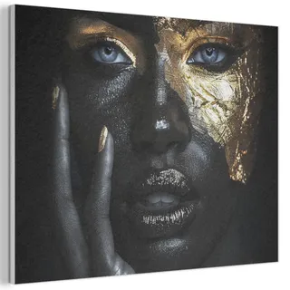 MuchoWow Akustikbild Frau - Gold - Porträt - Schwarz-Weiß - Luxus Gemälde 80x60 cm , Hellblau , Kunststoff , Rechteckig , 80x60x0.9 cm , Tapeten & Wandverkleidungen, Akustikpaneele