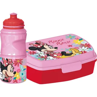 Tataway Disney Set 380-ml-Flasche und rosafarbene Sandwichbox für Kinder aus Minnie-Kunststoff mit rutschfestem Band und Sicherheitsverschluss