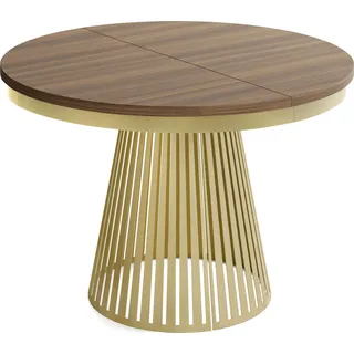 Esstisch Rund Ausziehbar mit Lamellen im Loft-Stil – 120 bis 200 cm – Industrieller Tisch mit Metallbeinen in Gold, Platzsparend für Wohnzimmer oder Esszimmer – Walnuss Braun - Braun