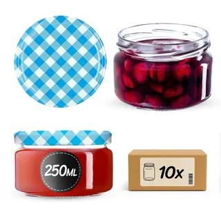 KADAX 10er Set Marmeladengläser 250ml TO82 Blau kariert, Einmachgläser Vorratsgläser Mason Jar mit Schraubdeckel, Luftdichte Schraubgläser, Honig & Konfitüre