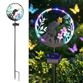 WRQIOO Solarstecker für Außen Garten, Solarleuchte Hund, Metall Solar Tiere für Außen Garten mit Schmetterling, Solar Gartenstecker, Gartendeko Solarlampen für Au-ßen Balkon Außenterrasse