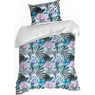 Eurofirany Bettwäsche Kissenbezug Bettbezug 140x200cm weiß dunkelgrün Botanish 2tlg Set - Hellviolett