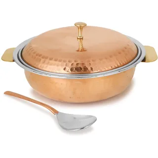 Zap Impex Traditionelles indisches Serviergeschirr Donga Servierschüssel Terrine aus gehämmertem Kupfer mit Deckel und Löffel