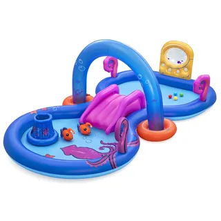 Bestway Wasserspielcenter Unterwasserwelt, 330 x 188 x 117 cm, Tiefsee-Design, Wassersprinkler, abnehmbare Rutsche, Tentakel-Schleuder, 4 Spielbälle, 2 Seeteufel, Sicherheitsventile, ab 2 Jahren, PVC