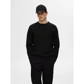 Rundhalspullover SELECTED "SLHROSS LS KNIT STRUCTURE CREW NECK NOOS", Herren, Gr. XL, schwarz, Strick, Obermaterial: 100% Baumwolle, unifarben, regular fit normal, Rundhals, Rippbündchen, Pullover Rundhalspullover, Baumwolle, regular fit