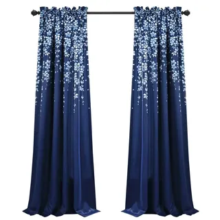 Lush Decor Fenstervorhang, Motiv: Weinende Blumen, Lichtfilterung, 132 cm B x 244 cm L + 5,1 cm Kopfleiste, Marineblau – charmante, Moderne Blumenvorhänge für Wohnzimmer, Esszimmer und Schlafzimmer