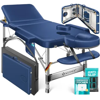 KESSER® Massageliege 3 Zonen bis 250kg, Massagetisch klappbar, verstellbar, tragbarer Koffer, Kosmetikliege, Therapieliege, Zubehör, Alu-Kopfstütze, Armlehne, Tragetasche, Anti Rutsch, 60cm, Navyblau