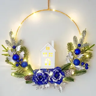 Dremisland Fensterdeko Weihnachten LED Dekoring Prelit Weihnachtskranz mit Beleuchtetem Haus Türkranz für Haustür 40cm Tannenkranz Blau Rose Adventskranz Winter Kranz Weihnachtsdeko Innen Wohnkultur