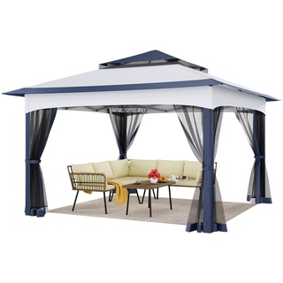 YITAHOME Pop Up Pavillon mit Seiten, 3,3 x 3,3 m Wasserdicht Pavillon mit Seitenteilen und Moskitonetz Outdoor-Überdachung mit Doppelverdeck für Camping, Party, Terrasse, Hinterhof, BBQ (Blau)