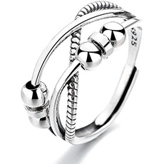 Qings Angst Zappeln Ringe 925 Sterling Silber für Damen Anxiety Verstellbar Offen Fidget Spinner Ring mit Perlen
