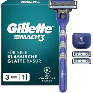 Gillette Mach 3 Standard Rasierer Herren, Metall, Blau/Grau | UEFA Champions League Special Edition, Inkl. 1 Nassrasierer, Reiseschutzkappe, 3 Rasierklingen mit Gleitstreifen
