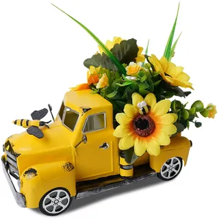 fztksmart Metall-LKW-Dekor mit Sonnenblumen, Honigbiene, Herbst-Tischdekoration für Zuhause, Bauernhaus, Vintage-Tonabnehmer für Wohnzimmer, Küchentisch, Mittelstück, Gelb