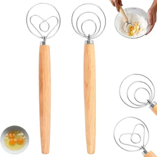 2 Stück Dänischer Schneebesen, Dänischer Teigbesen, Edelstahl Spiralbesen, Teigrührer mit Holzgriff, Danish Dough Whisk, Brotteig Schneebesen Mixer für Backen Brot Gebäck Dessert Pizzateig