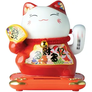 Jade Temple Maneki Neko Winkekatze Rot mit Fächer, solarbetriebene winkende Katze, japanischer Glücksbringer, asiatisches Deko-Objekt, Kunststoff, 10cm Höhe, 9,7cm Durchmesser, 1 Stück