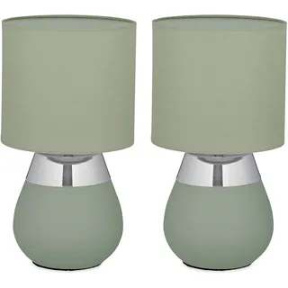 Relaxdays Tischlampe, 2er Set, Metallfuß, Stoffschirm, E14, H x D: 32 x 18 cm, Nachttischlampe mit Kabel, grün/Silber