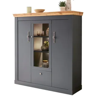 Furn.Design Highboard grau, Eiche Wotan, Landhaus 141 cm, Vitrine mit Soft-Close , Metall , Nachbildung,Eiche , Uni, Holz Optik , 8 Fächer , Sockel , 141x146x45 cm , FSC 100% , Kleinmöbel, Kommoden, Highboards