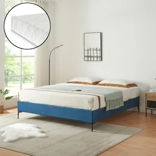 Doppelbett ‘Lilla’ mit Matratze Polsterbett mit abnehmbarem Bezug Samt 180 x 200 cm Blau - Blau