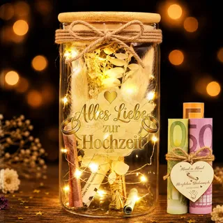 TUZELIYA Geldgeschenk Hochzeit LED Flaschenlicht für Brautpaar | Hochzeitsgeschenk mit Trockenblumen für Braut Bräutigam, Geldgeschenke hochzeit verpackungen, Spardose hochzeit geldgeschenk