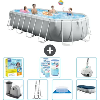 Intex Oval Prism Frame Swimmingpool – 610 x 305 x 122 cm – Grau – inklusive Pumpe – Leiter – Bodenplane – Abdeckung Wartungspaket - Filter - Staubsauger