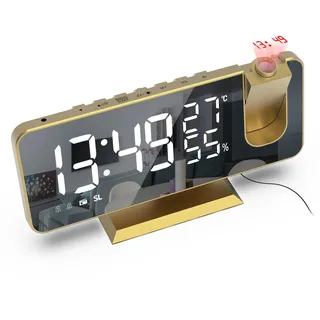 Wecker mit Projektion Radiowecker-Digitaler Projektionswecker mit USB-Anschluss, 7.5 Zoll großes Spiegel-LED-Display,Snooze Dual-Alarm,FM Radio,4 Displayhelligkeit mit automatische Dimmfunktion(Gold)