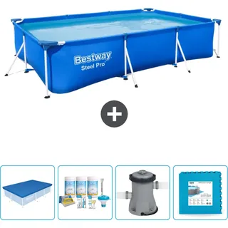 Bestway rechteckiger Steel Pro-Schwimmbecken – 300 x 201 x 66 cm – Blau – im Lieferumfang enthalten Abdeckung - Wartungspaket - Pumpe - Bodenfliesen