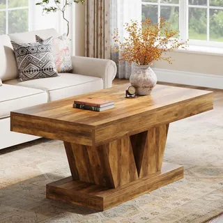 LITTLE TREE Rechteckiger Couchtisch, Rustikales Braun, 120 x 60 x 51 cm, Mid-Century Holz mit Skulpturalem Fuß, Landhausstil Wohnzimmermöbel