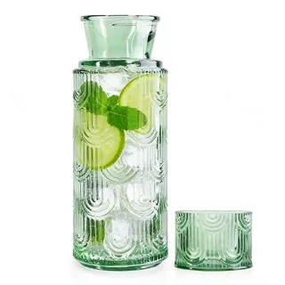 BUERPINKING Nachttisch Wasserkaraffe Set mit Becher Glas, Wasserkaraffe mit Deckel Set, Mundwasser Flasche Karaffe, Wasserkaraffe Glas mit Einem Muster für Getränke Eistee Milch Kaffee (Green)