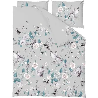 Bettwäsche, Baumwollbettwäsche, hohe Qualität 200x220 Safo Grau, Blumen, Vögel - Grau