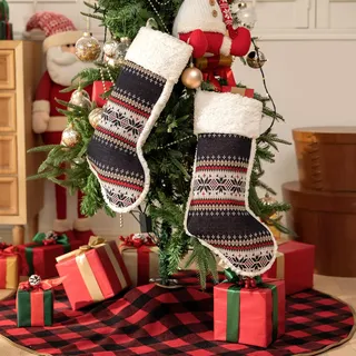 climafusion 2 Stück Nikolausstrumpf Gestricktes Design, Weihnachtsstrumpf 48cm groß, Nikolausstiefel zum befüllen, Deko Weihnachten Kamin Weihnachtsbaum, Schwarz
