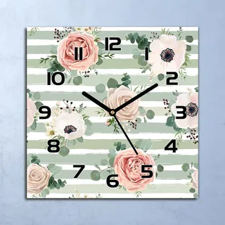 Wanduhr Echt-Glas-Küchenuhr Gestreifte Rosen Quarz Lautlos 30x30 Deko Bilder - Grün