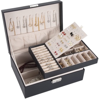 Schmuckkästchen, PU-Leder Schmuckschatulle 2 Ebenen, Reise Damen Schmuckkästen Schmuck Aufbewahrungsbox Schmuck-Organizer für Ringe, Ohrringe, Halskette, Uhren, Armbänder, Schwarz