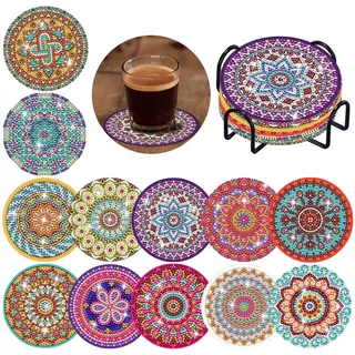 12 Stk Diamond Painting Untersetzer mit Halter - Diamond Painting Mandala Untersetzer, DIY Diamant Tassenuntersetzer, 5D Diamant Malerei Untersetzer zum Basteln Erwachsene Kinder