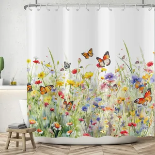 ASDCXZ Blumen Duschvorhang 180x200 cm, Frühling Aquarell Gelb Lila Rose Bunt Blumen Schmetterling Weiß Bad Waschbar Duschvorhänge Polyester Textil Wasserdicht Badevorhang für Badewanne mit 12 Haken