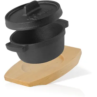 BBQ-Toro Mini Dutch Oven (1 Stück) | Ø 11 cm | Gusseisen Serviertopf mit Holzunterlage | bereits eingebrannt - preseasoned | Kochtopf kleiner Bräter Gusstopf