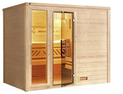 Bild von Massivholzsauna »Bergen«, (Set), 7,5 kW Bio-Ofen mit digitaler Steuerung, beige