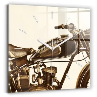 Wallfluent Wanduhr – Stilles Quarzuhrwerk - Uhr Dekoration Wohnzimmer Schlafzimmer Küche - Zifferblatt mit Striche - weiße Zeiger - 30x30 cm - Sepia-Motorrad Vintage - Braun