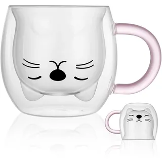 Vicloon Süße Katzenbecher Tasse Doppelwandige, Süße katze Latte Macchiato Gläser Kaffeetasse, SüßeTasse mit Henkel, Süßes Tassen für Cappuccino, Latte Macchiato, Tee, EIS und Milch - Rosa