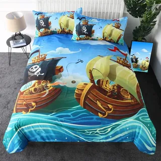 Bettwäsche 135x200 Cartoon-Piratenschiff, Kinder Jungen Maritim Bettwäsche-Sets aus Weiche Atmungsaktiv Microfaser, Wendebettwäsche Bettbezug 135 x 200 und Kissenbezug 80x80 cm für Einzelbett, Z10