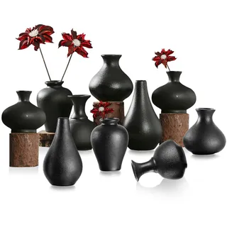 Sziqiqi Kleine Schwarz Keramik vasen - Satz von 10 Mini Handgemachte Keramikvasen für Blumen Pampasgras Moderne Blumenvase Dekoration für Wohnzimmer Küche Büro Küche Tisch
