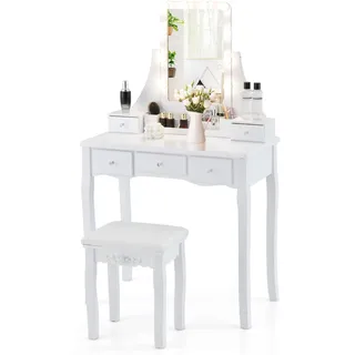 COSTWAY Schminktisch mit LED-Beleuchtung, einstellbare Helligkeit, Frisiertisch mit 5 Schubladen, Hocker und 360° drehbarem Spiegel, Kosmetiktisch für Schlafzimmer (Weiß)