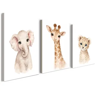 Alptiny Set 3er Leinwandbilder mit Rahmen 30x40 cm – Süße Safari Tiere Bilder Kinderzimmer, Elefant Giraffe Leopard Animal Print, Leinwandbild Wanddeko mit Klettverschluss und Haken