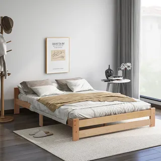 Abrihome 140x200cm Futonbett aus Naturholz, Massivholzbett mit Kopfteil und Lattenrost - Naturbelassen