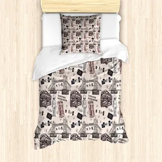 ABAKUHAUS Modern Bettbezug Set für Einzelbetten, Stadt UK Sehenswürdigkeiten, Milbensicher Allergiker geeignet mit Kissenbezug, Kastanienbraun und Schwarz - Schwarz