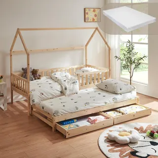 Doppel-Kinderbett ’Aarghonmaa‘ in Hausoptik 90 x 200 cm mit 1 Matratze Ausziehbett inkl. Rausfallschutz und 2 Schubladen Kiefernholz Natur - Beige