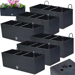 Blumenkasten Balkon Set 6 X 51x19x18,5 cm | Balkonkasten in Rattanoptik | Pflanzkasten mit Griff, Halterungen und Bewässerungssystem | Blumentöpfe für Terrasse | Pflanzkübel in edlem Design |Anthrazit