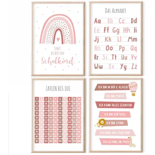MeinBaby123® pädagogische Lernplakate Lernposter | Bilder Kinderzimmer | 4er Set A4 Poster Set | Alphabet ABC, Zahlen | Vorschule, Grundschule | Wandposter Premium (Lernposter - 4er Set rosa)